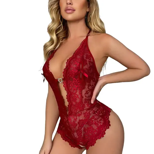 AgeRose Women's Burgundy Floral Lace Teddy Bodysuit - Sexy Halter Backless Lingerie with Adjustable Straps, Bridal Sheer Teddy Lingerie & Bodysuits for Bridal, Party, Everyday Wear