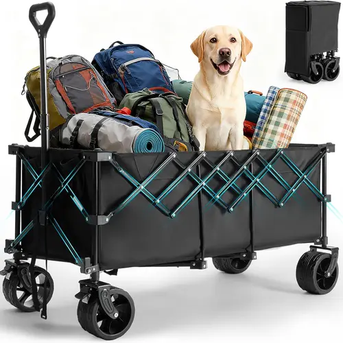 Heavy Duty Collapsible Foldable Wagon - Folding Trolley with 300L 600D Oxford Resists Wear Fabric, 7-in Wheels, 180kg Capacity, Folds Flat Saves Space, for Camping, Gardening, Available in Black, Blue, Gray