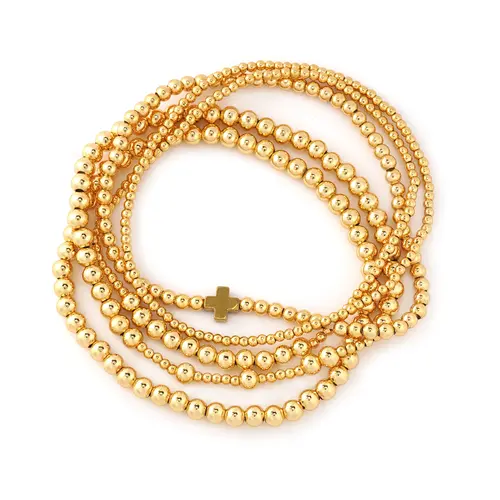 SHINUS Women's Bohemian 5PCS 14 Karat Gold-Plated Angel Cross Beaded Stretch Stackable Bracelet Set - Adjustable Interchangeable Charm Jewelry, 7in Wrist Stack, Double Stack Bracelets & Bangles, Female Friendship Gift, 7 Inch