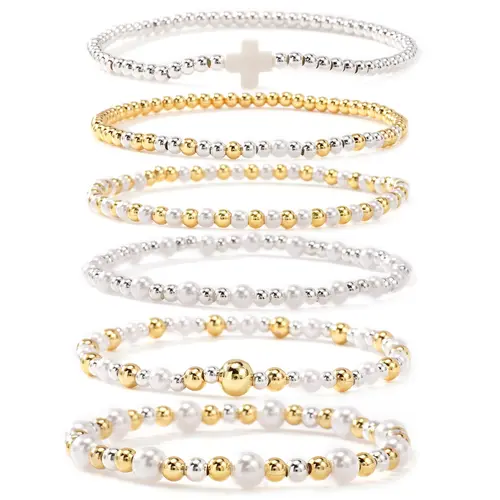 SHINUS BOHO 6-Piece Bangle Bracelets for Women, Stackable Gold-Plated Boho Jewelry with Freshwater Pearls and Cross Charm, Stretchy Beaded Arm Candy Accessories Set, Banglebracelets, Artisan, Gift Set