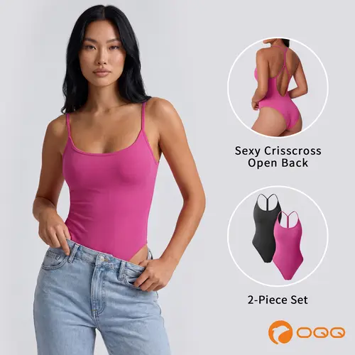 OQQ Women’s 2 Piece Fitted Sleeveless Scoop-Neck Y-Back Spaghetti Strap Bodysuit - Breathable Backless Tops for Workouts & Everyday Wear, Valentines Day Bodysuit for Women, Workout Tops