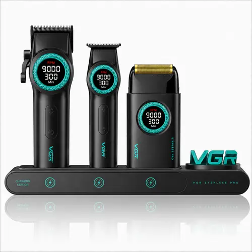 VGR 001 Professional Hair Clippers with Charging Base, 9000 RPM BLDC Motor ,21 speed , 4600mAh battery , 260min runtime , clear LED display , LED Light , carbon steel blade , cleaning brush ,Professional Hair Trimmer for Barbers , Gift for Men, Face, Barb