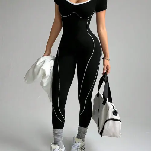 Women's Colorblock U-Neck Back Letter Trim Short Sleeve Yoga Jumpsuit, High Stretch Knit Running Fitness Pants, All Seasons Sporty Style, Workout Jumpsuits, Workout Apparel