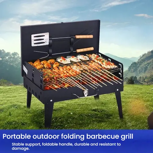 Portable Folding Charcoal BBQ Grill - Compact Black Design with Stable Support, Fold-and-Go Handle, Pack-and-Go Size for Camping, Backyard Outdoor Cooking, Travel, Ideal for BBQ Enthusiasts