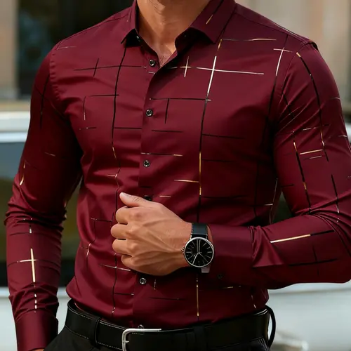 Men's Wine Embossed Long Sleeve Shirt, Tailored Everyday Shirt, Classic Casual Fitted Design, Plain Pattern, All Seasons Wear, Stylish Men's Clothing, Collared Shirts