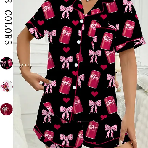 Women's Comfortable Cute Elastic Sleepwear Loungewear Set, Spring Bow Tie Shirt and Pants Two-Piece, Short Sleeve Shorts, Party Wear