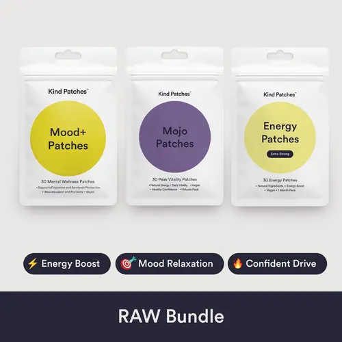 Kind Patches RAW Bundle: 30 Mental Wellness Patches + 30 Peek Vitality Patches + 30 Energy Patches, Mood Support, Natural/Daily Vitality Support , Health Confidence, Natural Ingredient, Caffeine and Red Ginseng, Vegan