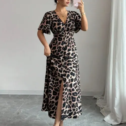 Women's Elegant Minimalist Commuter Beach Style Leopard Print V-Neck Slit Dress, Beachy Style Dress, Stylish and Comfortable Fashion for Daily Wear
