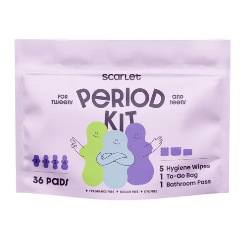 Scarlet by RedDrop Period Kit for Tweens and Teens - 36 Pads, 5 Hygiene Wipes, Reusable Pouch, Puberty Guide, 8-Part Video Series