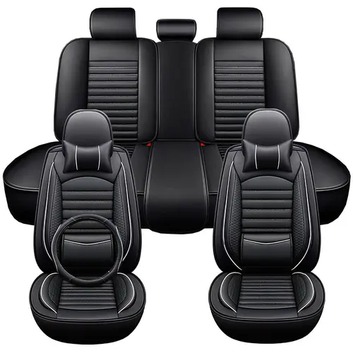 Faux Leather Car Seat Covers with Black & White Stitching, Universal-Fit PU Material, Durable Easy-to-Clean Year-Round Car Seat Protectors, Automotive Interior Accessories