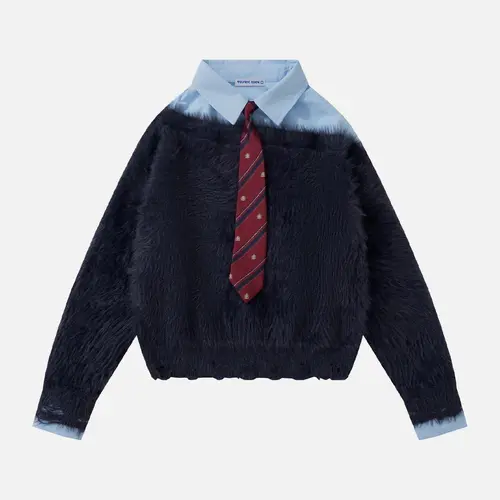 Aelfric Eden Men's 2-Layer Tie-Front Knit Pullover, Unisex Streetwear Clothes with Mock Shirt Collar, Faux Fur, Oversized Fashion Menswear, Warm Longsleeves 2000s Clothes Top