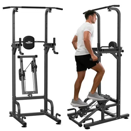 RELIFE Power Tower - Stainless Steel Multi-Function Pull Up Bar & Dip Station with Adjustable Height, Stair Stepper, Multiple Grip Positions, 450lbs Max Capacity for Unisex Adults, Home Gym Fitness Strength Training Gear