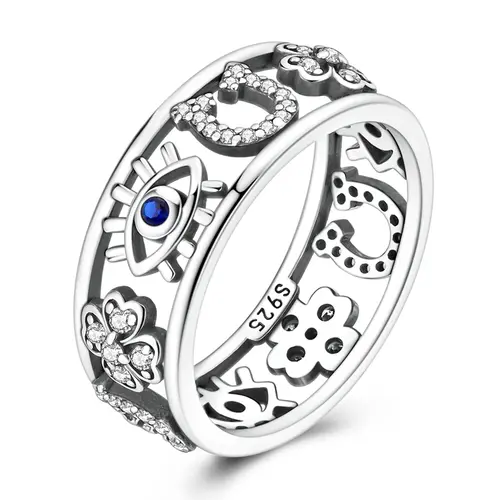 MULA Silver-Plated Lucky Amulet Ring - Adorned with Evil Eye, 4-Leaf Clover, Horseshoe, Cubic Zirconia - Women's Costume Jewelry, Ideal Women's Gift, Jewelry For Women, Gifts For Women summerwins
