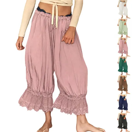 Buenoble Forever Young Lace Bloomers Pants for Women Cropped Boho Loose Fit Crinkled Fabric Fairycore Retro Style