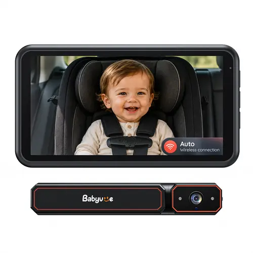 Babyvue BV6 Wireless Baby Car Camera Easy to Install, No Wiring Car Baby Monitor with HD1080P IR Night Vision, 5.2" Screen Car Seat Camera 3X Zoom for Kids