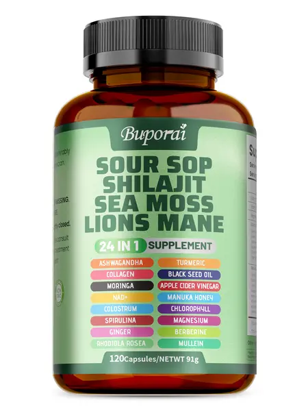 Soursop Dietary Supplement, rich in antioxidants, 120 capsules per bottle, with added shiitake mushroom, seaweed, and lion's mane mushroom, 24 in 1, supports skin, joint, and bone health.