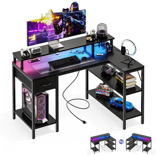 Sweetcrispy Reversible L-Shaped Gaming Desk - Office Furniture, Desks for Gaming with USB Charging Ports, RGB Lights, Power Outlets, Monitor Stand, Shelf, Storage for Home Office Small Spaces Gamer Stuff