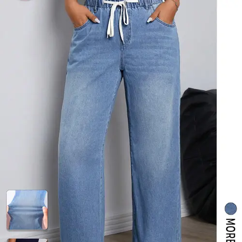 Flvsun Women's Plus Size Curve High-Waisted Jeans - Soft, Stretchy Wide-Leg Streetwear Bottoms with Drawstring, Oversized Minimalist Trousers, Plus Size Clothes for Thanksgiving Curvy Women