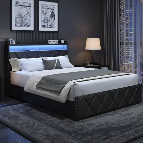 Full-Size Upholstered Bed Frame with 2 Drawers and Square Stitch Button, Bed Frame with Charging Station and LED Lights, Upholstered Headboard with 2-Tier Storage Shelves, Black queen  bed  frames
