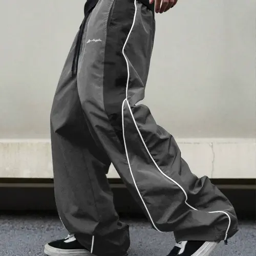 Men's Striped Side Soft Comfy Polyester Workout Running Track Pants - Casual Gym Bottoms with Drawstring Waist, Loose Straight Leg, Colorblock Stripes, Embroidered Detail, Striped Side Sweatpants