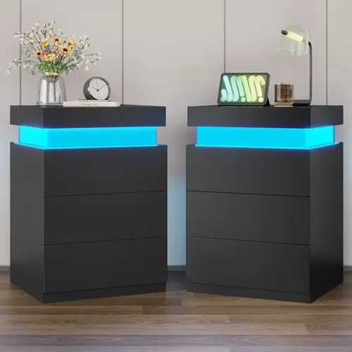 SIKAIC 2-Piece Black LED Narrow Nightstands with Charging Station, Sliding Drawers, Tabletop Design - 15.8x17.7x26.8" Slim Space Saver, Flat-Top Modern Accent Furniture, App-Enabled LED Light with Music Sync, Bedroom Pedestal Tables