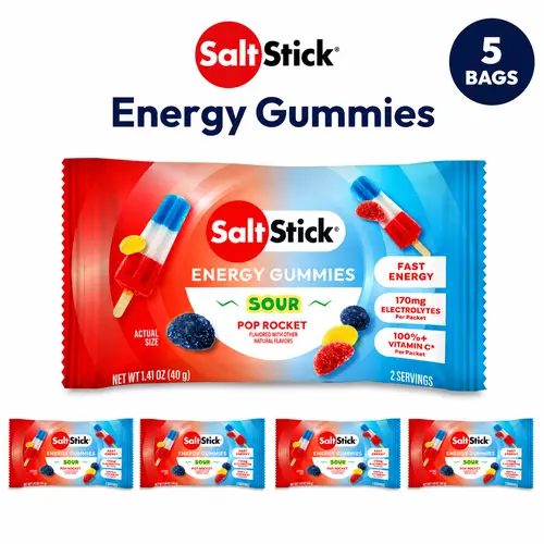 SaltStick Energy Gummies - Sour Pop Rocket - Irresistible Energy + Electrolytes for Workouts - Caffeine-Free - 5 Bags per Pack - 170mg Electrolytes - 100% Vitamin C