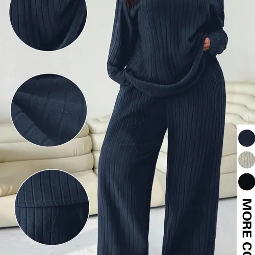 Women's Plus Size Solid Color Round Neck Long Sleeve Ribbed Tee + High Waist Pants, Basic Casual Minimalist Aesthetic Matching Two-Piece Set, Spring Fall Winter Comfort Home Wear