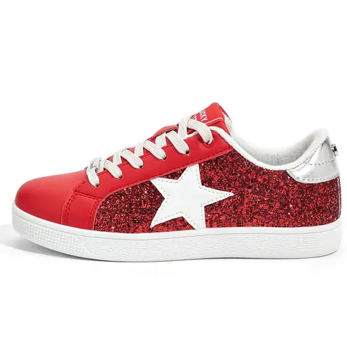 LUCKY STEP Women's Closed Casual Athletic Low-Top Ankle Trainers - Lace-Up Round Toe Flats, Glitter Stars, Cushioned Walking Shoes, Synthetic Slip-Resistant TPR Outsole, Shoes for Women