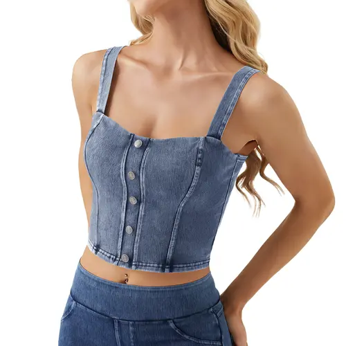 YUCOLEN Women's Polyester Stretchy Strappy Square Neck Sleeveless Slim Fit High Stretch Built-in Bra Denim Tank Top - Feminine, Comfortable 1/2 Pack for Summer Workout, Daily Wear