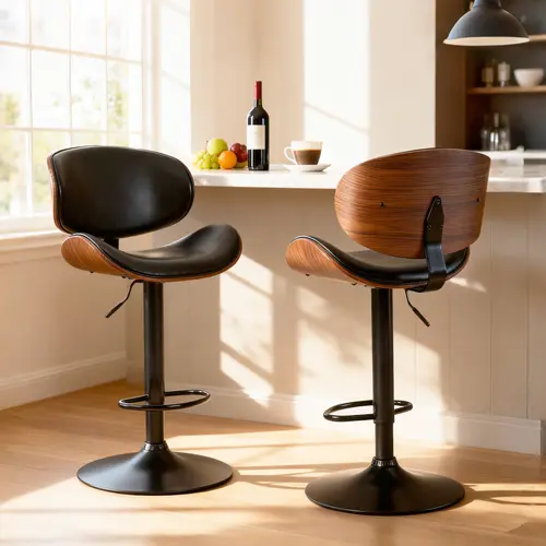 Sweetcrispy Adjustable Swivel Bentwood Bar Stools Set of 2, Modern PU Leather Upholstered Counter Stools with Backrest & Footrest, Backrest Home Bar Furniture for Kitchen Counter, Modern Chairs