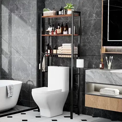 Metal 3-Tier Adjustable Over-The-Toilet Storage Rack - Over-Toilet Standing Shelf Units, Bathroom Organizer with Paper Holder, 3 Hooks for Space Maximization, Organizer Rack Standing Shelf Units, Tiered Organizer Standing Shelf Units, Bathroom Decor, Orga