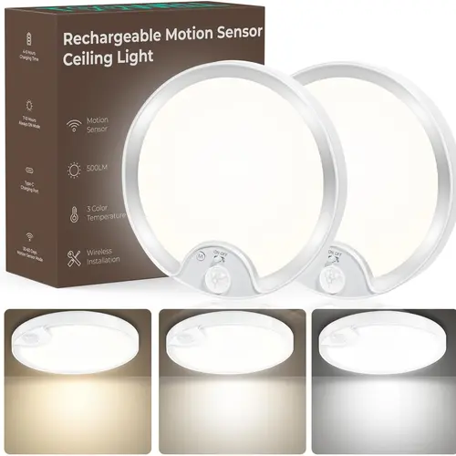 TOOWELL [Back To School] 2-Pack 8000mAh Rechargeable Plastic Motion Sensor Ceiling Lights, 500LM IP54 Waterproof Wireless Battery-Operated Fixtures, Wireless Setup Saves Costly Wiring, Stay On Mode, Father's Day Gift (9-16 ft Sensing Entryway Lighting)