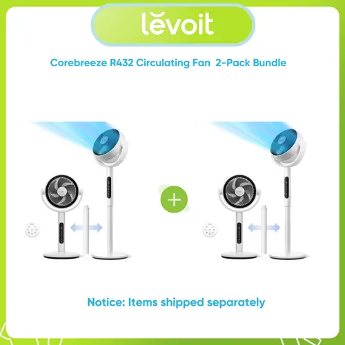 Levoit Corebreeze R432 Standing Oscillating Portable Fan 2-Pack Bundle, 908CFM DC Motor, 9 Speeds, 20dB Silent Operation, 82ft Remote Range, Sensor Timer, Pedestal & Tabletop Modes, Whole Room Airflow, for Summer & Outdoor Use, Fans, Fan Portable, Silent