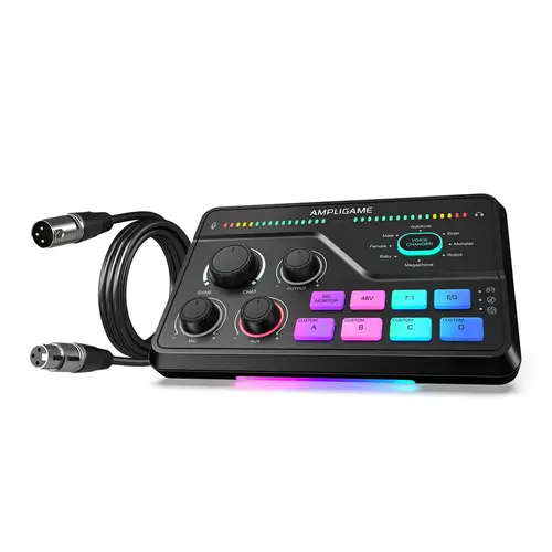 Fifine SC8 Gaming Mixer & XLR Cable Bundle - Audio Interface with 7.1ch Surround Sound Headphone Amp, XLR Preamp, USB Plug-and-Play, Voice Changer, RGB Light, Backlit LED Display, 3 EQ Modes, Streaming Equipment, PC Accessories