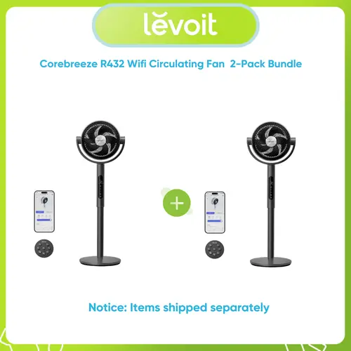 Levoit Corebreeze R432 Smart WiFi Circulating Fan 2-Pack - 1451CFM High Airflow, Hands-Free Control Anytime, Remote Control Unit, 12H Timer, 120°+90° Oscillation, 20dB Quiet Sleep Mode, 12 Speeds, Pedestal or Table, Batteries, Fan for Bedroom, Summer Use