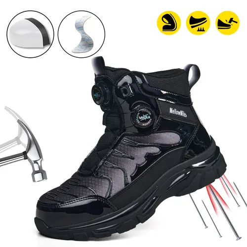 Men's Mid-Top Work & Safety Footwear, Round Toe Steel Toe Anti-Smash Boots with Dual-Button Debris-Block Lace, Metatarsal Guard, Lightweight Puncture-Proof Outdoor Walking Shoes