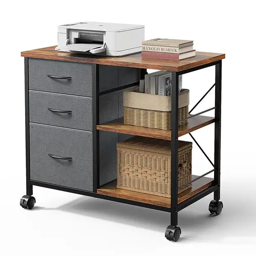 Modern 3-Drawer Fabric Cabinet With Wheels, Mobile File Organizer & Printer Stand, Sturdy Steel Frame And Wood Top For Home Office Storage Solution