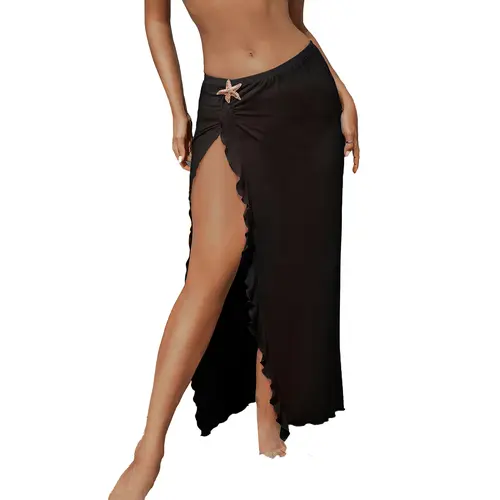 Aleumdr Women's Sheer Swimsuit Cover Up - Lily Print Ruffled Sarong Skirt with High Slit, Starfish Detail, Ruffled Hem, Breathable & Soft Drape (Keeps Skin Comfy) for Beach, Poolside Wear, Polyester Blend, Swimsuit Cover Ups