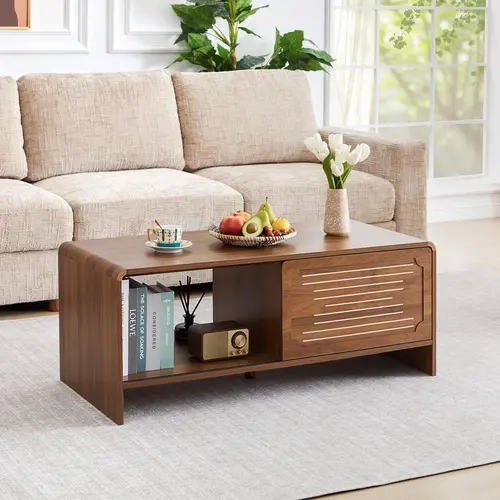 Giratree 43.3“ Mid Century Modern Coffee Table with Storage, Curved Profile Wood Coffee Table with Sliding Arched Door, Farmhouse Center Table Rectangle Coffee Table for Living Room, Office