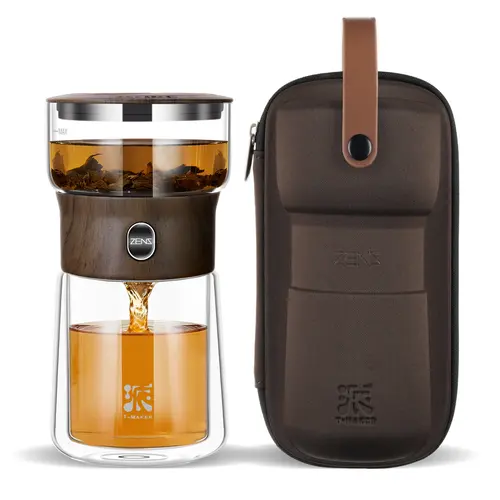 ZENS 1-Touch 270ml Borosilicate Glass Teapot Set - Kitchenware, Loose Leaf Infuser, Double-Walled Mug, Travel Case, Portable Steeper, Travel Ready, Ideal for Office Desk & Tea Lovers
