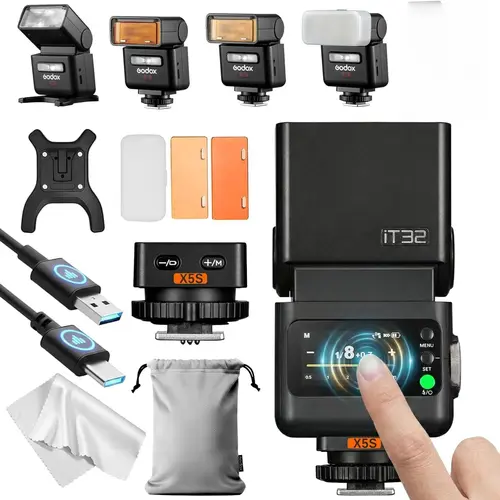 Godox iT32 TTL Camera Flash with X5 Flash Trigger for Sony Canon Nikon Fuji Olympus Panasonic Leica Cameras Magnetic Hotshoe & Trigger 2 in 1 Colorful Touch Screen Rotatable Flash Head X System TTL&HSS LED Modeling Lamp Creative Accessories