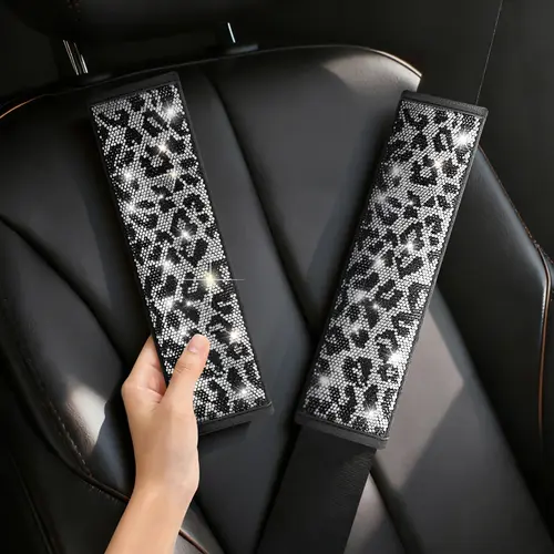Queen’s Land 2PCS Sparkly Leopard Seat Belt Covers, Soft Belt Pad for Girls Bling Rhinestones Diamond Car Accessories for Women, Car Decor for Girl, Pink Red Black Leopard Car Accessories Gift