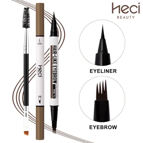 HECI BEAUTY Duo Eyebrow & Eyeliner Pen - Micro-Fork Tip Keratin Blend Cosmetic, Quick-Apply, Smudge-Proof, Quick-Drying, Long-Lasting, for Daily Natural Eye Makeup, Beauty Product in Pen Form