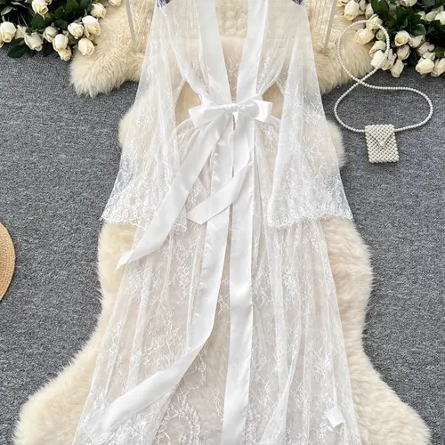 Women's Long Robe and Belt, Transparent Sheer Sexy Lace Dress, Floral Pattern, Fitted Style, All Seasons, Nightwear