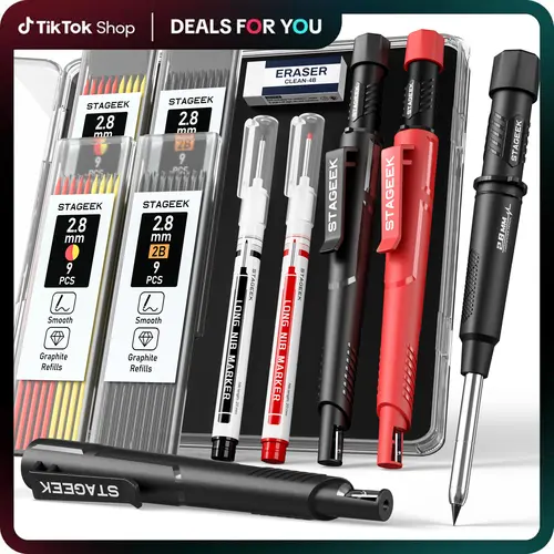 【Father's Day Gift】STAGEEK 4-Pack 2.8mm Mechanical Carpenter Pencils with Sharpener, 76 5-Color Refills, 45mm Precision Tip Long Nib Markers, Durable Technical Drawing Supplies for Woodworking Projects