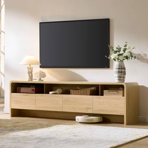 AMERLIFE 70" Modern Rectangle Wood TV Stand - Sturdy Stable Furniture for TVs Up to 80", Curved Profile Design, 2 Storage Cabinets, Assembly Required, Living Room Media Console Gift Idea
