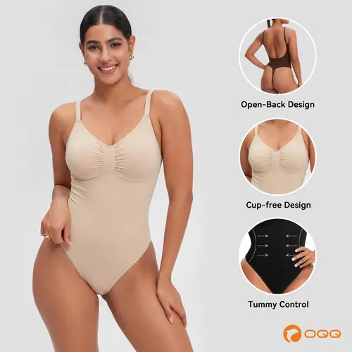 OQQ Tummy Control Bodysuits for Women, Minimalist Stretchy Shapewear with Sexy Open-Back, an Office-ready, sleek layer with Thong-Bottom Stay