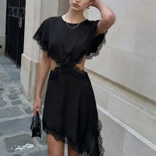 Asymmetric Lace Dress Womenswear Womens Dresses Sexy Black Brown Dresses Elegant Satin O-Neck Cape Sleeve Cut-Out Dress Streetwear & Fashion Vestidos Evening Party Dresses Cocktail Party Dress