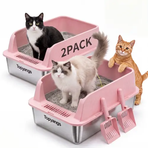 Topyangs 2-Pack Value XL Stainless Steel Litter Box - High-Sided Anti-Splashing Litter Pan with Free Scoop, Durability, Easy Cleaning for Multi-Cat Households, Litterbox