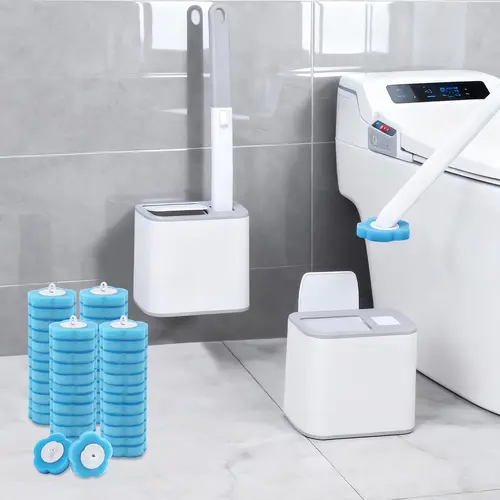 CLEALOM Disposable Toilet Brush Set with 48PCS Pre-loaded Cleaning Heads, 15.7-inch Extended Reach Wand, Wall-Mounted Caddy for Bathroom Cleaning System